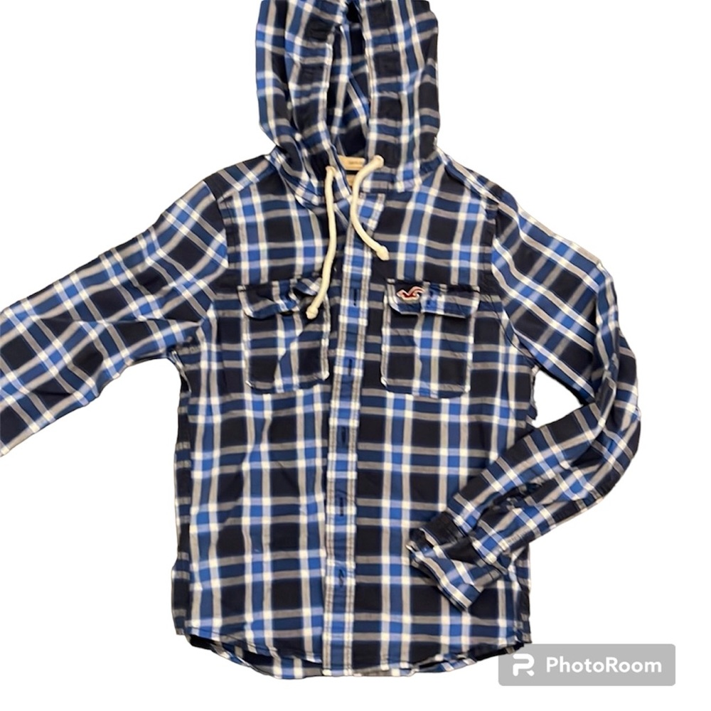 Hollister Blue Plaid Lightweight Button Up Hoodie Top Size Small